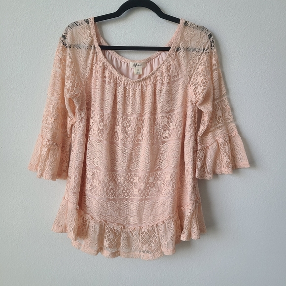 Style & Co Champagne Pink Long Sleeve Lace Top - Picture 2 of 11